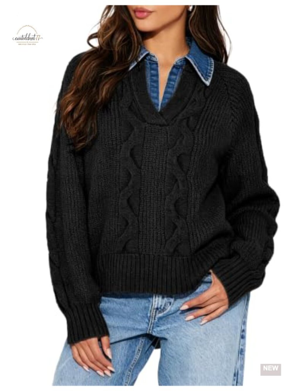 Oversized Chunky Cable Knit Sweater with Denim Collar V-Neck Pullover